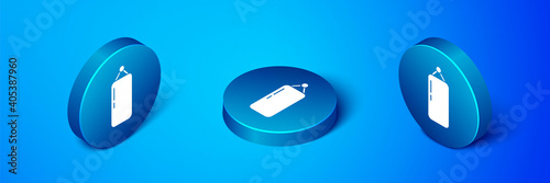 Isometric Punching bag icon isolated on blue background. Blue circle button. Vector Illustration.