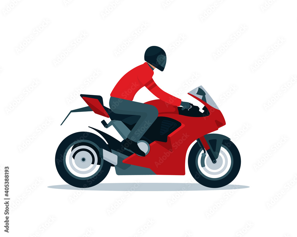 Red Sport motorcycle and rider in simple graphic isolated on white background