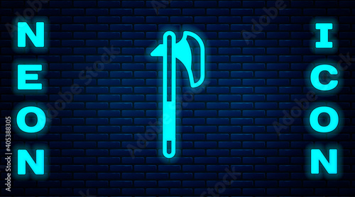 Glowing neon Medieval axe icon isolated on brick wall background. Battle axe, executioner axe. Medieval weapon. Vector.