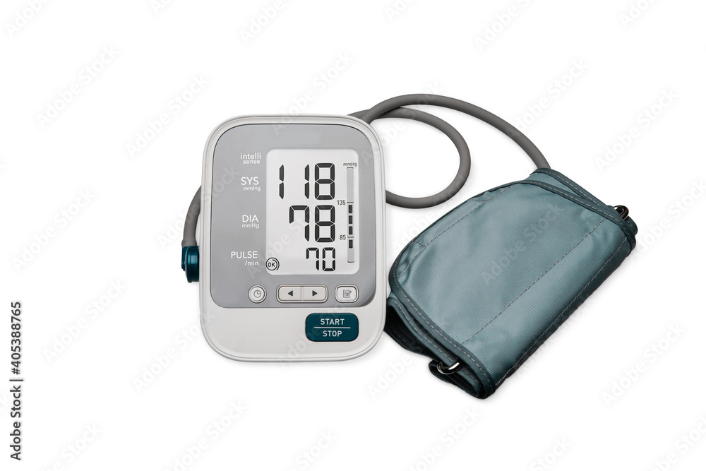 Blood pressure machine or Medical electronic tonometer on white background.