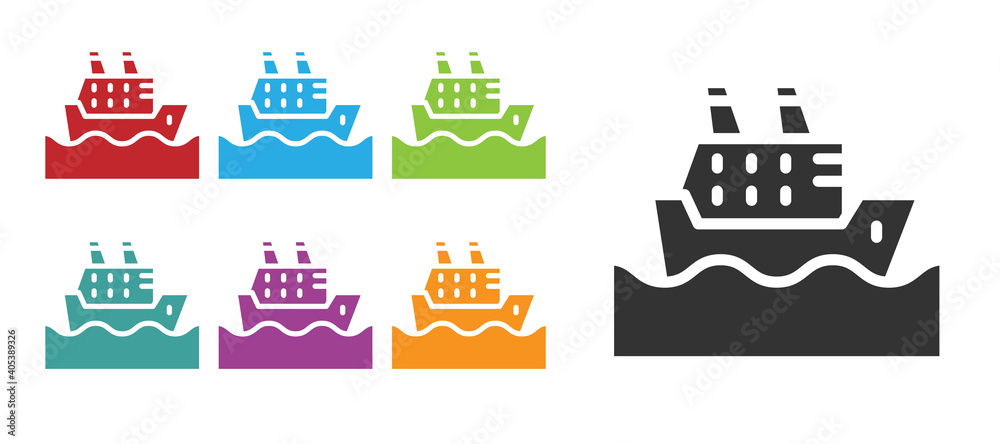 Fototapeta premium Black Cruise ship in ocean icon isolated on white background. Cruising the world. Set icons colorful. Vector.