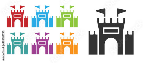 Black Castle icon isolated on white background. Set icons colorful. Vector.