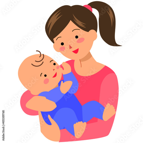 母親に抱っこされる笑顔の男の赤ちゃん