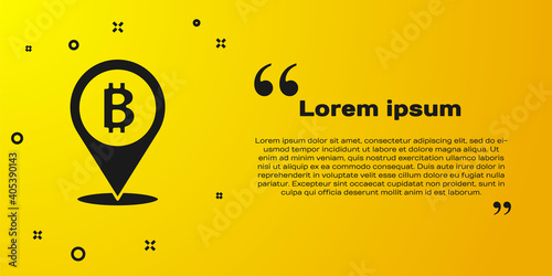 Black Location bitcoin icon isolated on yellow background. Physical bit coin. Blockchain based secure crypto currency. Vector.