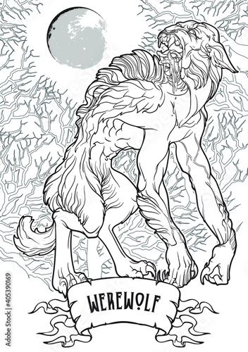 Werewolf in a forest. A legendary monster from european folklore tales. Black linear drawing isolated on a white background. Coloring book or tattoo design. EPS10 vector illustration.