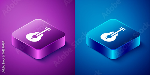 Isometric Mexican guitar icon isolated on blue and purple background. Acoustic guitar. String musical instrument. Square button. Vector.