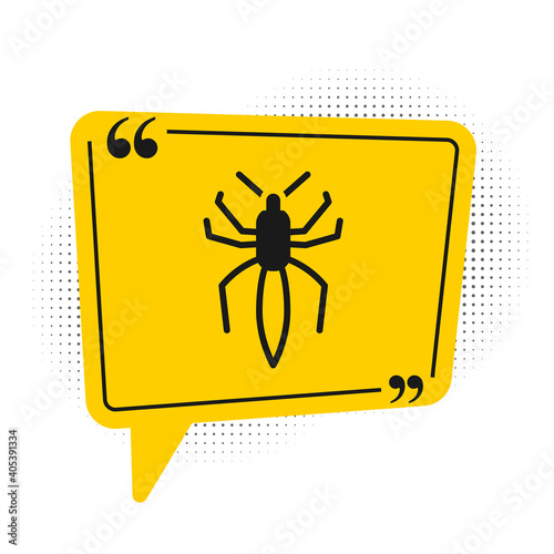 Black Spider icon isolated on white background. Happy Halloween party. Yellow speech bubble symbol. Vector.