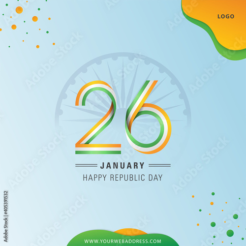 Indian Republic Day with 26 Tri colors Ribbon, Ashoka wheel on Sky Background.