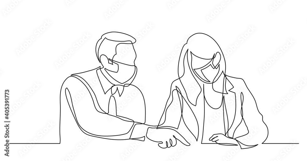 Self drawing continuous line animation of business colleagues wearing face masks helping during working process