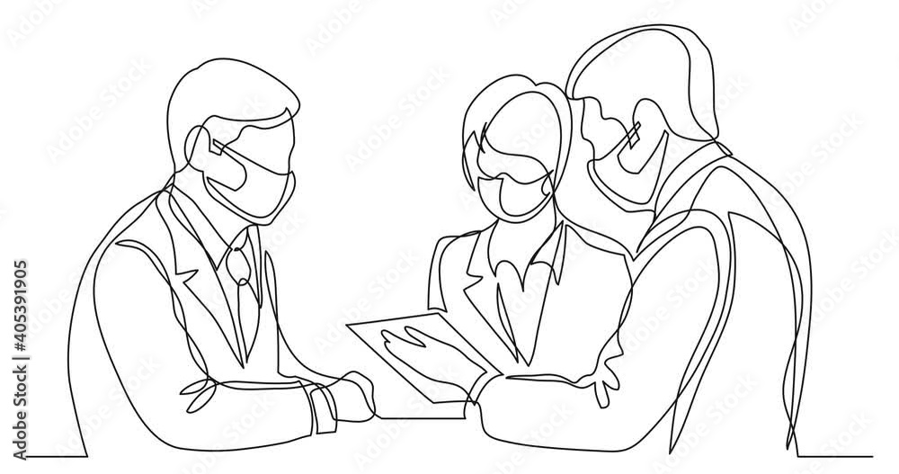 Self drawing continuous line animation of business persons wearing face masks discussing working contract Self drawing continuous line animation of business persons wearing face masks discussing working contract