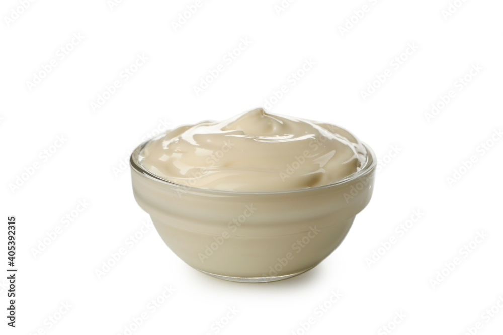 Bowl with mayonnaise isolated on white background