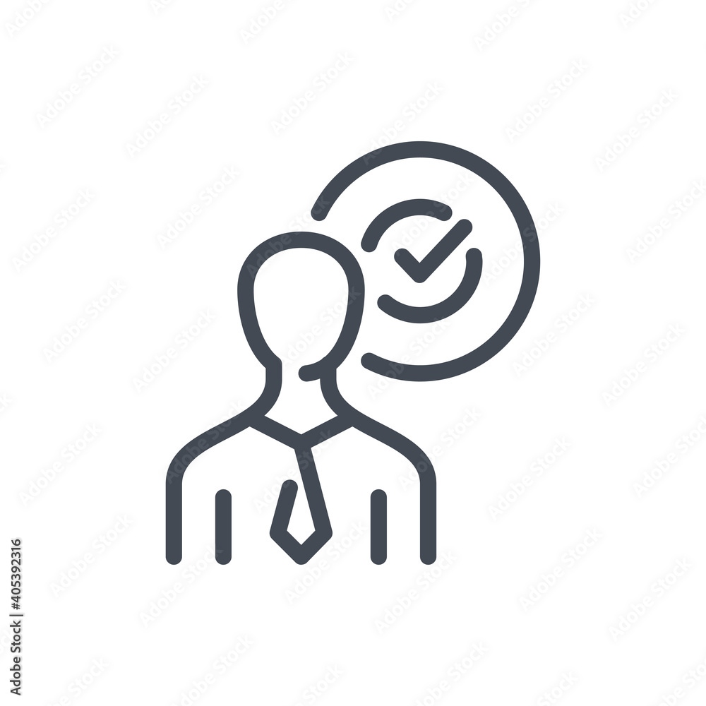 Business person with tick in circle line icon. Positive experience vector outline sign. Business person with tick in circle line icon. Positive experience vector outline sign.