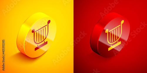 Isometric Ancient Greek lyre icon isolated on orange and red background. Classical music instrument, orhestra string acoustic element. Circle button. Vector.
