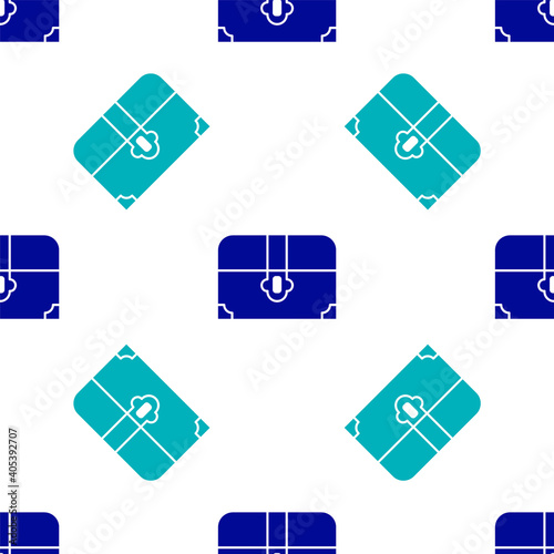 Blue Antique treasure chest icon isolated seamless pattern on white background. Vintage wooden chest with golden coin. Vector. © Kostiantyn