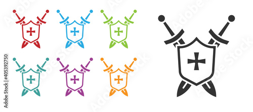 Black Medieval shield with crossed swords icon isolated on white background. Set icons colorful. Vector.