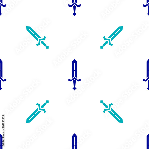 Blue Medieval sword icon isolated seamless pattern on white background. Medieval weapon. Vector.