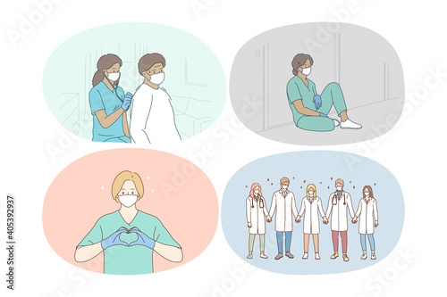 Doctors teamwork, uniting efforts against COVID-19 pandemic concept. People doctors in protective medical face masks holding hands in team, helping patients and feeling burnout during pandemic 