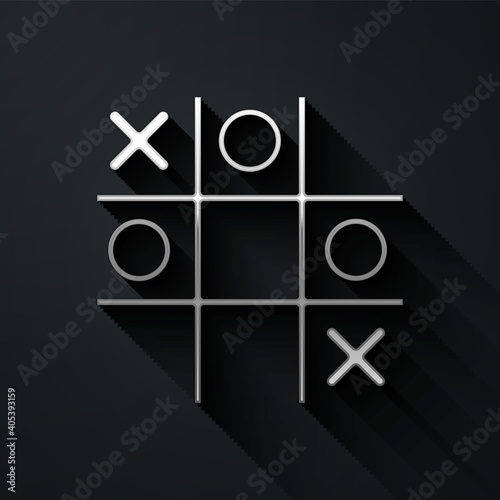 Silver Tic tac toe game icon isolated on black background. Long shadow style. Vector.