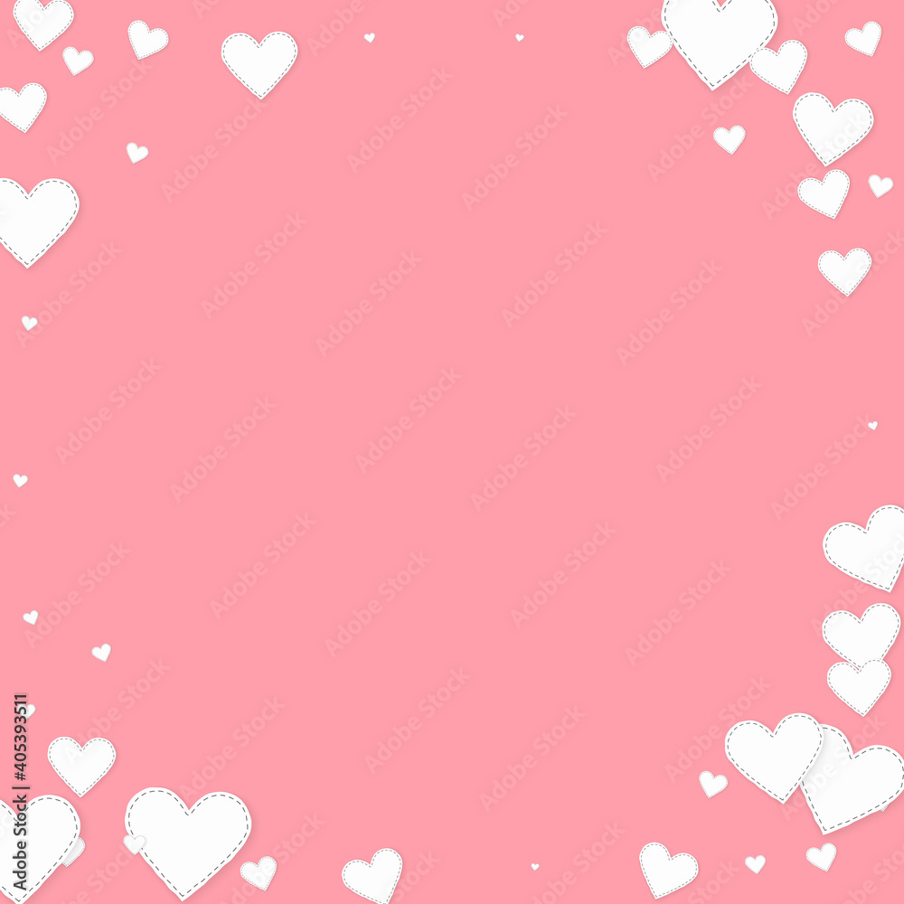 White heart love confettis. Valentine's day vignette pretty background. Falling stitched paper hearts confetti on pink background. Extraordinary vector illustration.