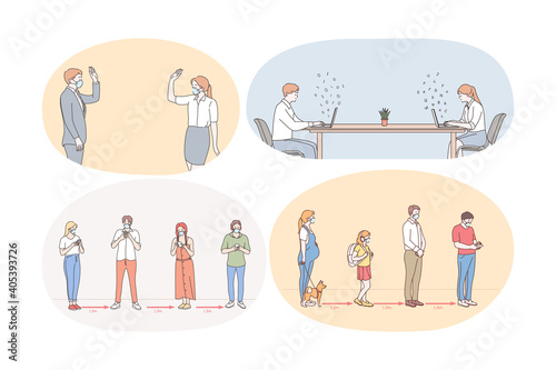Social Distance, working and living during COVID-19 pandemic concept. People workers, business partners, customers and people in line keeping social distance during Pandemic of Covid 19 infection 