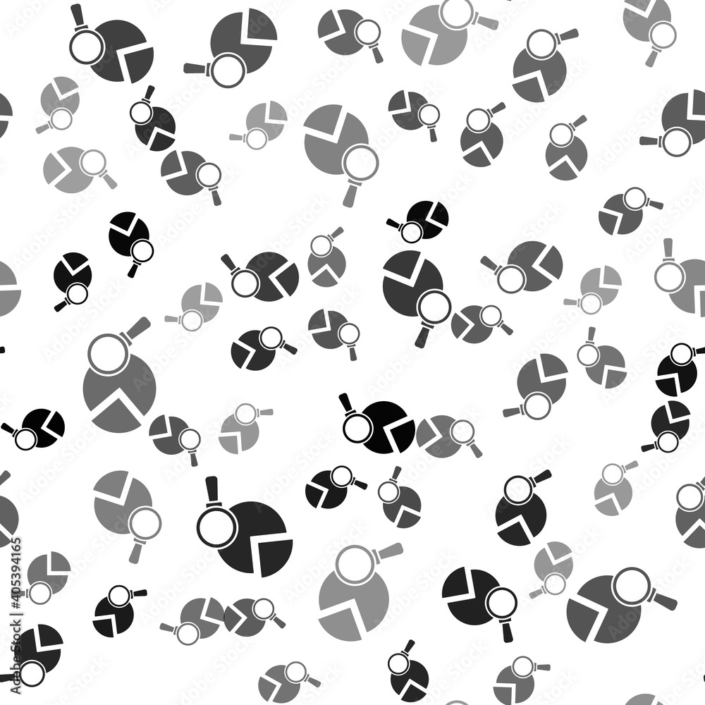 Black Magnifying glass and data analysis icon isolated seamless pattern on white background. Vector. Black Magnifying glass and data analysis icon isolated seamless pattern on white background. Vector.