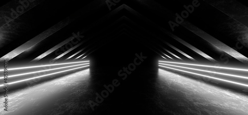 A dark corridor lit by white neon lights. Reflections on the floor and walls. 3d rendering image.