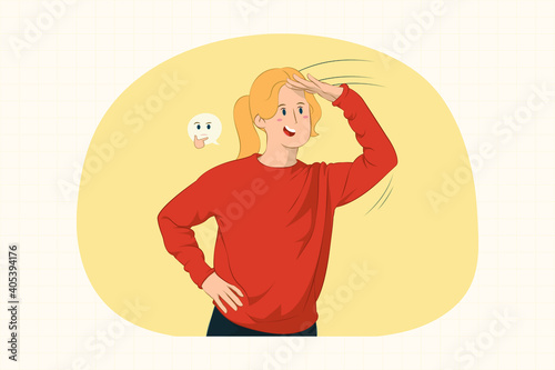 Curious young woman hold hand at forehead looking far away distance concept