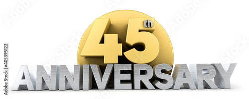 45th anniversary celebration logo in golden and silver color isolated on white background. Forty five years anniversary logo. 3d illustration.