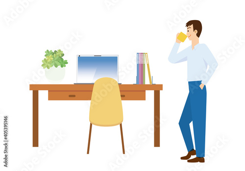 リモートワーク在宅ワークのイメージイラスト｜デスクPCパソコンと休憩する男性サラリーマン人物イラストRemote work