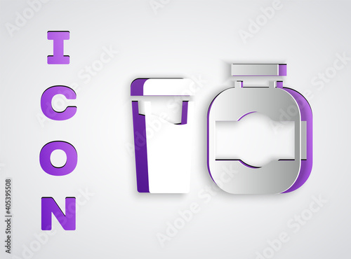 Paper cut Sports nutrition bodybuilding proteine power drink and food icon isolated on grey background. Paper art style. Vector.