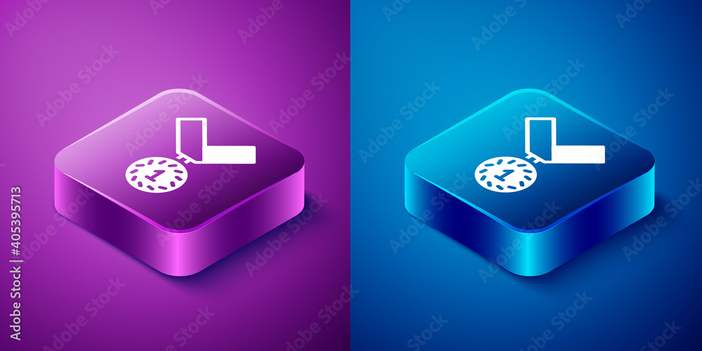 Isometric Medal icon isolated on blue and purple background. Winner symbol. Square button. Vector. Isometric Medal icon isolated on blue and purple background. Winner symbol. Square button. Vector.