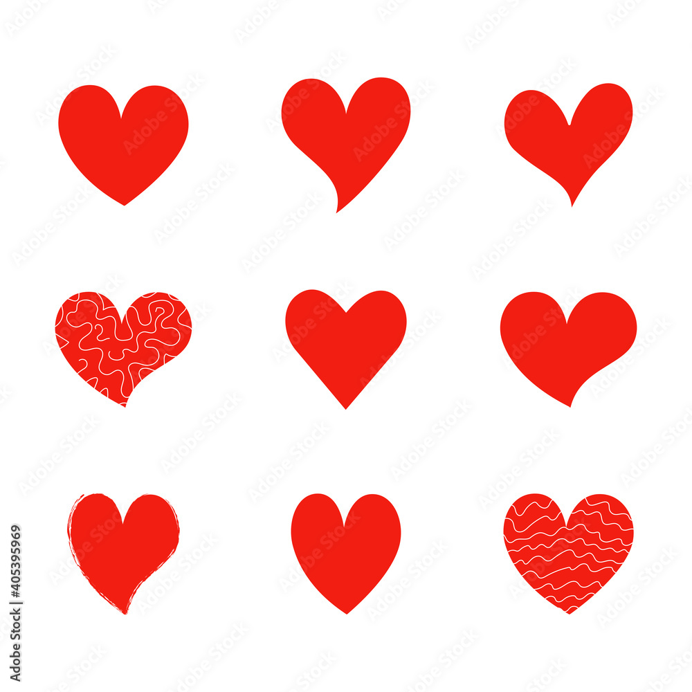 Set of red hearts of different shapes
