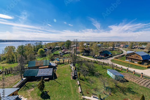 Top view of a rural village on the banks of the Volga river in Russia photo