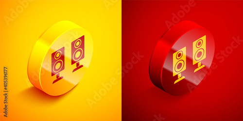 Free Download Isometric Stereo speaker icon isolated on orange and red background. Sound system speakers. Music icon. Musical column speaker bass equipment. Circle button. Vector. - GFXLoad