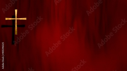 Golden Christian Cross on liturgic red velvet cloth copy space. 3D illustration for online worship symbolizing the passion for Christ in Confirmation, Good Friday, Palm Sunday, and the Pentecost.