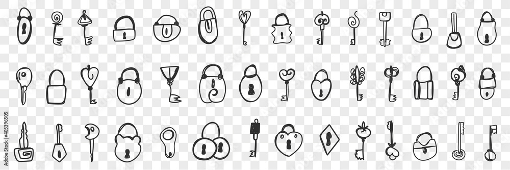 Various locks and keys doodle set. Collection of hand drawn locks with keyholes and keys for opening isolated on transparent background. Illustration of security system for kids Various locks and keys doodle set. Collection of hand drawn locks with keyholes and keys for opening isolated on transparent background. Illustration of security system for kids