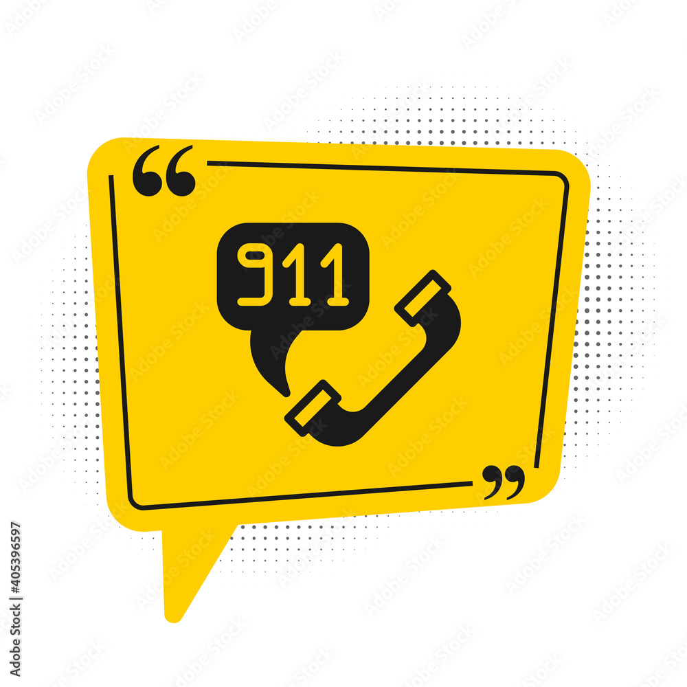 Black Telephone with emergency call 911 icon isolated on white background. Police, ambulance, fire department, call, phone. Yellow speech bubble symbol. Vector. Black Telephone with emergency call 911 icon isolated on white background. Police, ambulance, fire department, call, phone. Yellow speech bubble symbol. Vector.
