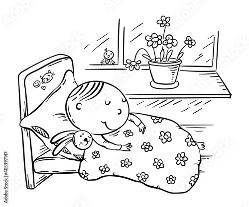 Little kid sleeping in his bed at home, children daily routine, outline clipart