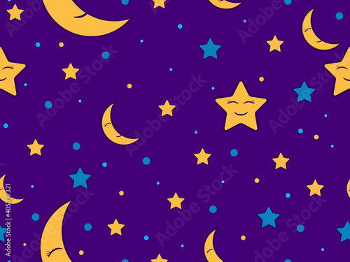 Good night. Sleeping crescent and stars seamless pattern. Night sky. Sweet dream  print for bed linen  pajamas and paper. Vector illustration