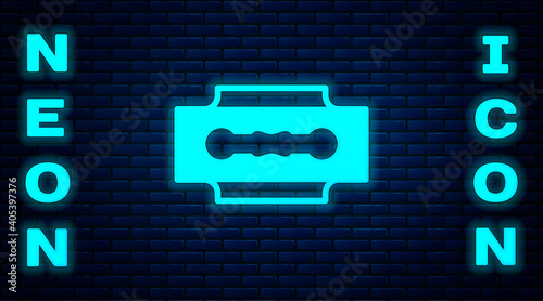 Glowing neon Blade razor icon isolated on brick wall background. Vector.