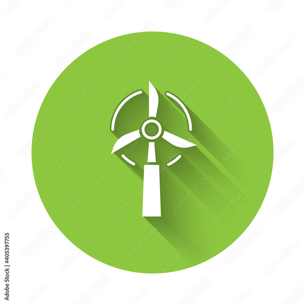 White Wind turbine icon isolated with long shadow. Wind generator sign. Windmill for electric power production. Green circle button. Vector. White Wind turbine icon isolated with long shadow. Wind generator sign. Windmill for electric power production. Green circle button. Vector.