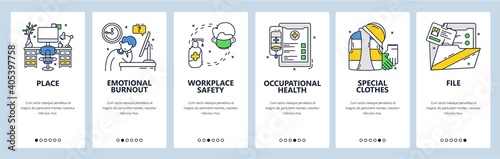 Workplace safety, protective clothes, occupational health. Mobile app onboarding screens, vector website banner template
