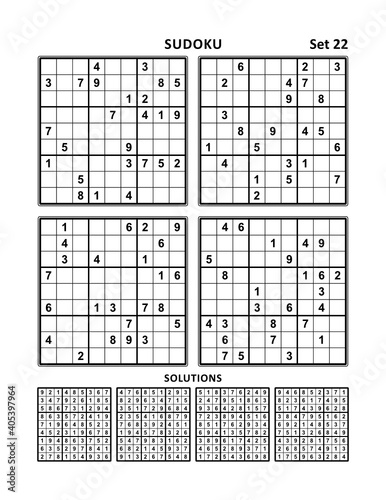 Four sudoku puzzles of comfortable (easy, yet not very easy) level, on A4 or Letter sized page with margins, suitable for large print books, answers included. Set 22.
