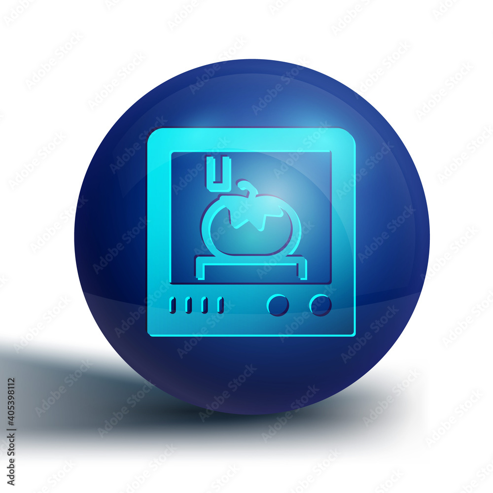 Blue 3D printing technology icon isolated on white background. Blue circle button. Vector. Blue 3D printing technology icon isolated on white background. Blue circle button. Vector.