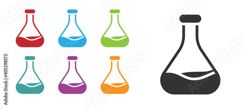 Black Test tube and flask icon isolated on white background. Chemical laboratory test. Laboratory glassware. Set icons colorful. Vector.