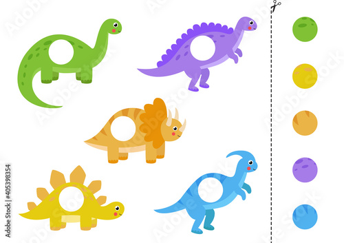 Cut and glue parts of cartoon colorful dinosaurs.