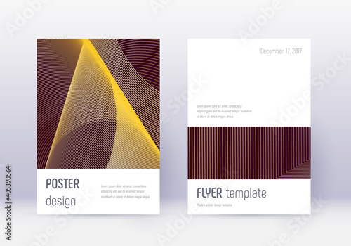 Minimalistic cover design template set. Gold abstract lines on maroon background. Ecstatic cover design. Breathtaking catalog, poster, book template etc.