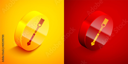 Isometric Fork icon isolated on orange and red background. Cutlery symbol. Circle button. Vector.
