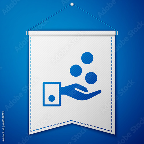 Blue People paying tips to service staff in restaurant and hotel icon isolated on blue background. Tips money cash coin hotel resort service. White pennant template. Vector.