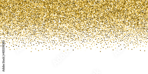 Gold glitter luxury sparkling confetti. Scattered small gold particles on white background. Breathtaking festive overlay template. Energetic vector illustration.